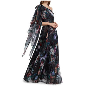 Marchesa One-Shoulder Gown Pleated Floral Chiffon Black Dress Side Slit Sz 6
